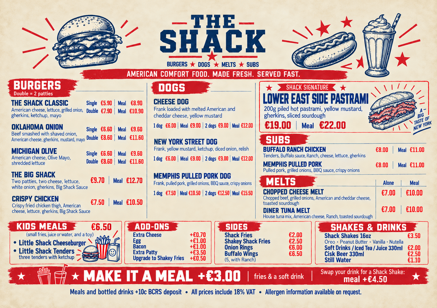 The Shack menu board: burgers, dogs, melts, subs, kids meals, add-ons, sides, shakes and drinks with prices.
